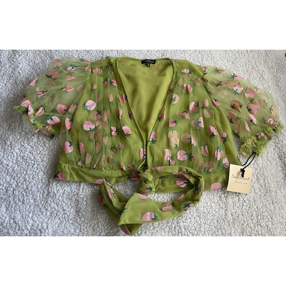 NWT Smak Parlour Cropped Bolero Tie Front Mesh Strawberry V-Neck 1X/16 Green